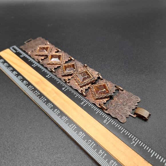 Vintage Copper Glass Etched Bracelet, Speckled Glass, 7" - Picture 5 of 9
